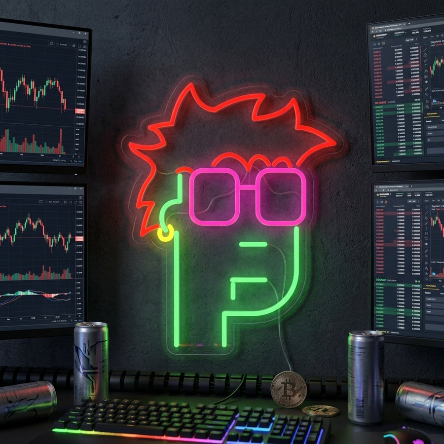 A stylish NFT Monkey neon sign glowing vibrantly on a textured wall in a modern room setting.