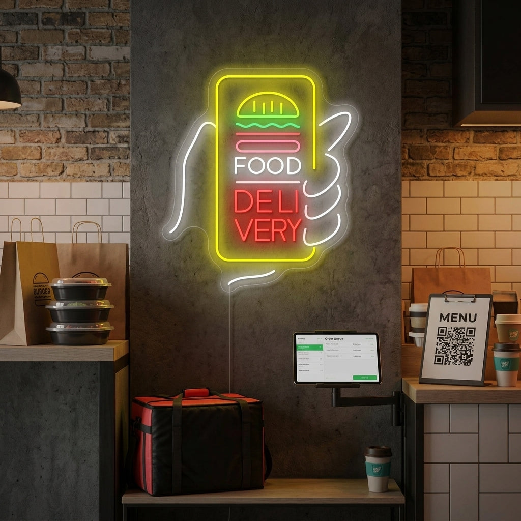 A vibrant 'Food Delivery' neon sign glows in a stylized restaurant setting, showing a scooter carrying a food container.