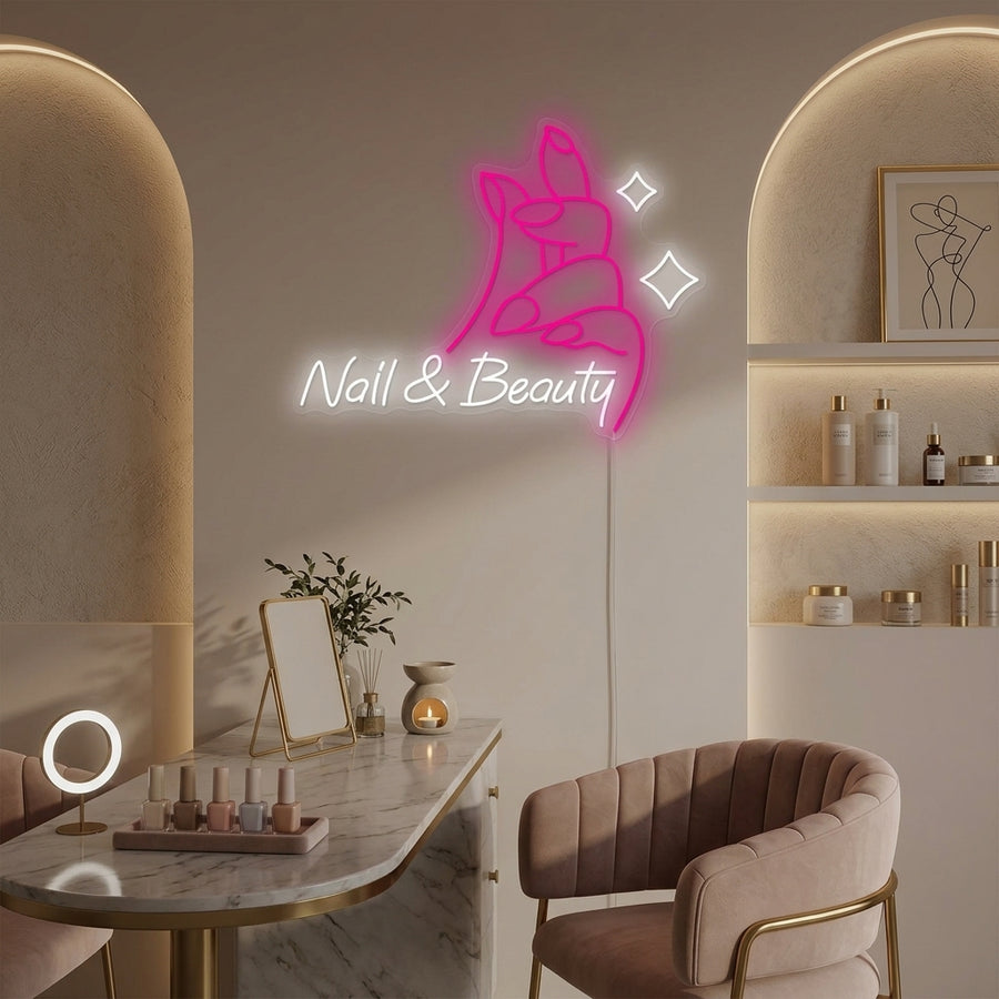 Vibrant pink 'Nail & Beauty' neon sign illuminating a modern salon wall above a stylish manicure station.
