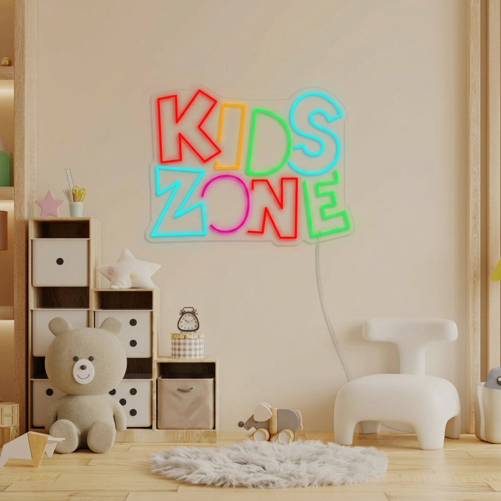 Colorful Kids Zone neon wall sign glowing brightly above a child's toy shelf in a brightly lit playroom.