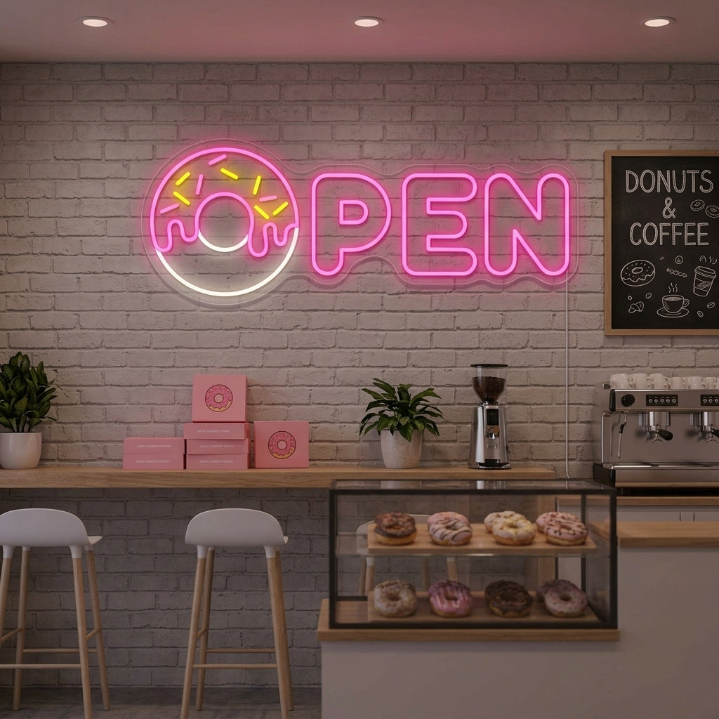 A cozy bakery cafe at night with a bright, illuminated 'Donut Open' neon sign hanging prominently in the window, casting a warm orange and pink glow onto the surrounding area.