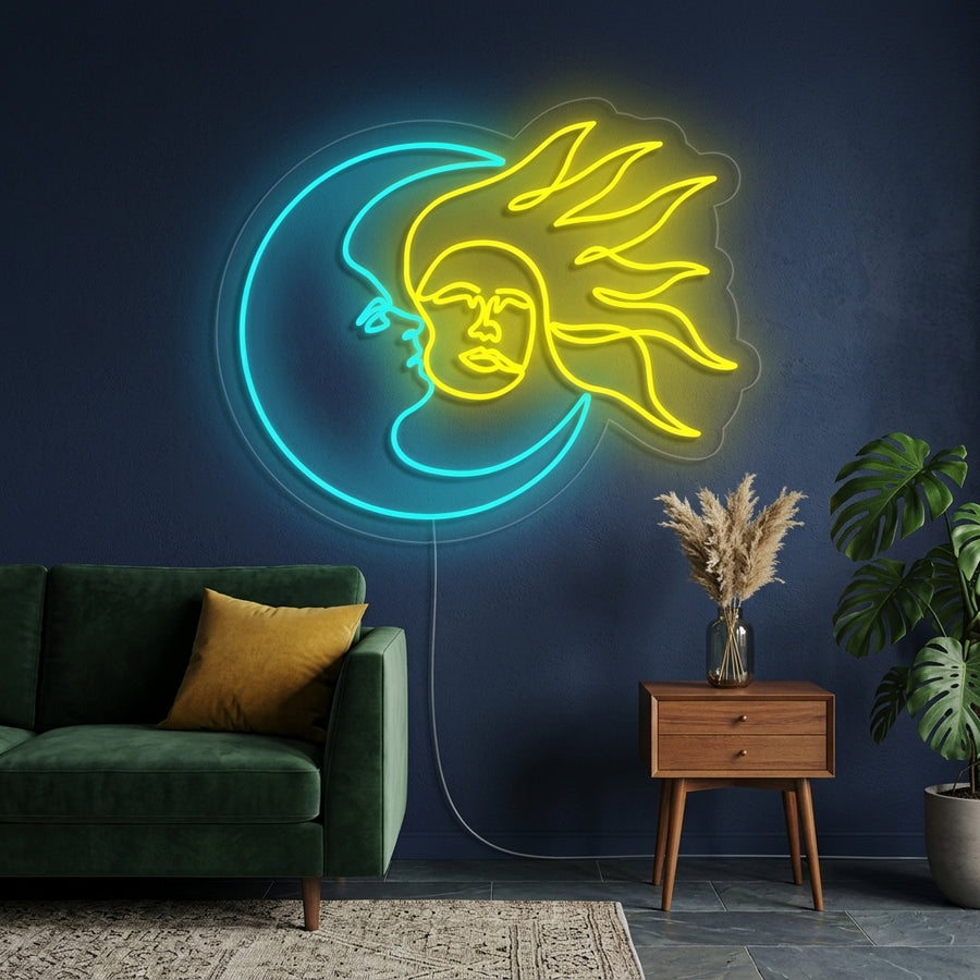 A stunning lifestyle shot showing the glowing Day and Night Moon and Sun neon sign mounted on a textured wall, illuminating a cozy room.