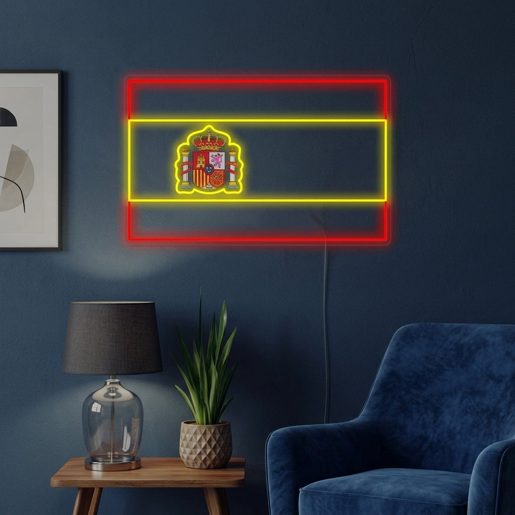 Handcrafted Flag of Spain neon sign with vibrant red and yellow bands glowing on a textured wall in a modern room setting.
