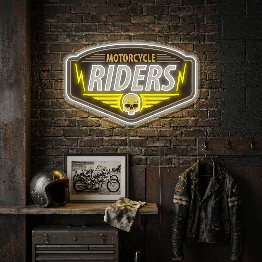 A motorcycle rider in a dynamic pose is rendered in glowing neon tubing, accompanied by a skull and crossed pistons design on a workshop wall above a workbench.