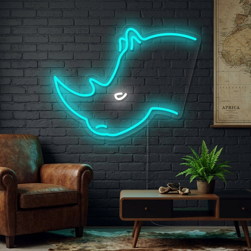 A stunning neon sign depicting a rhino's head mounted on an exposed brick wall, casting a cool blue glow above a cozy sofa and potted plant in a modern living room setting.