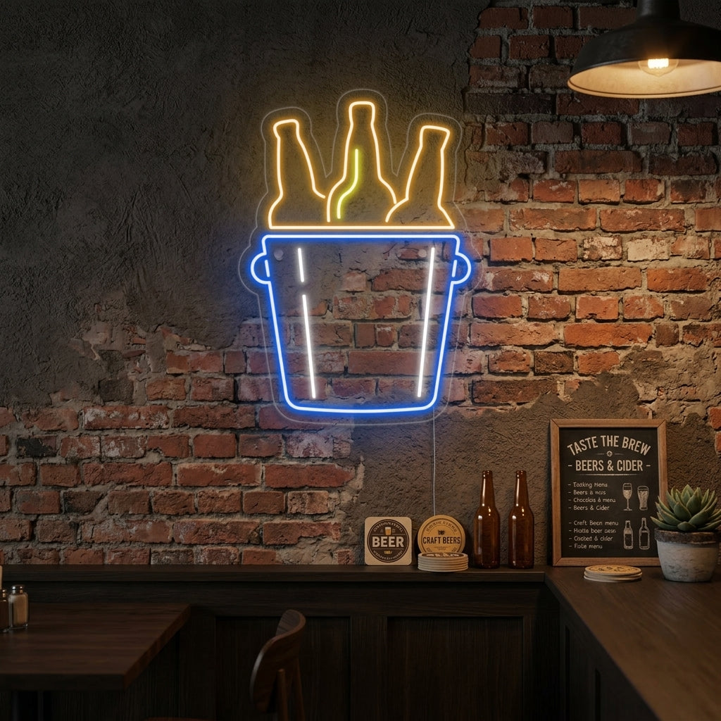 A glowing 'Bucket of Beers' neon wall sign hanging above a rustic wooden bar counter set with real beer bottles and glasses in a dimly lit home bar environment.