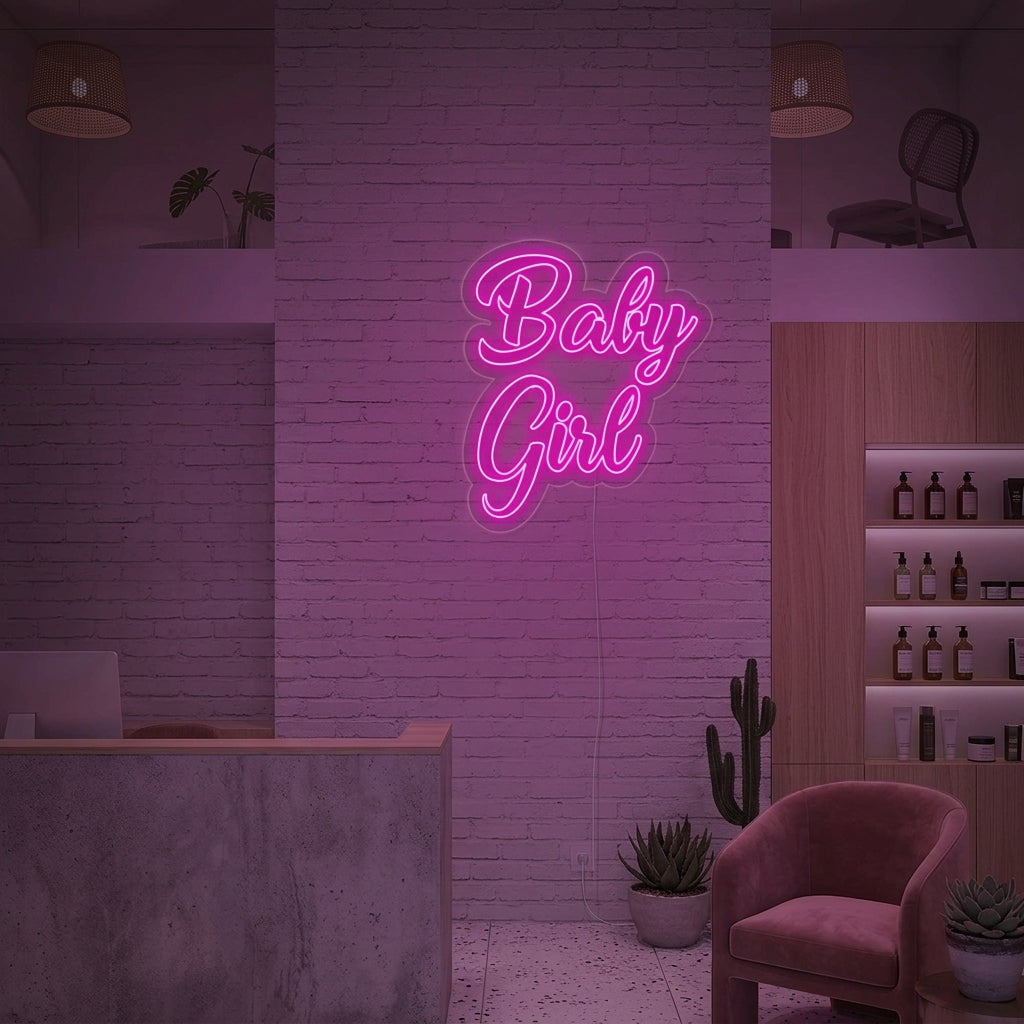 Handwritten-style 'Baby Girl' neon sign glowing in bright pink above a modern white crib in a softly lit, modern nursery.