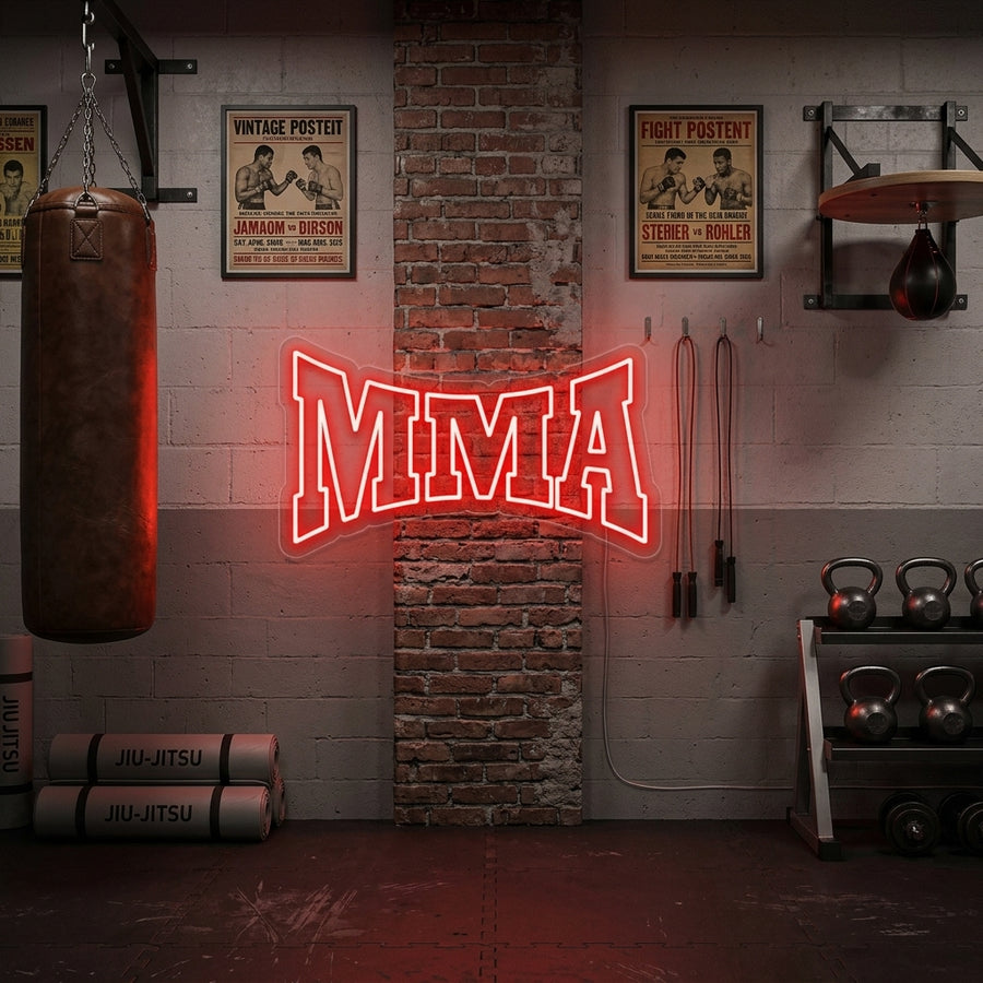 Illuminated MMA neon sign in blue glowing above weight lifting equipment in a gym setting.