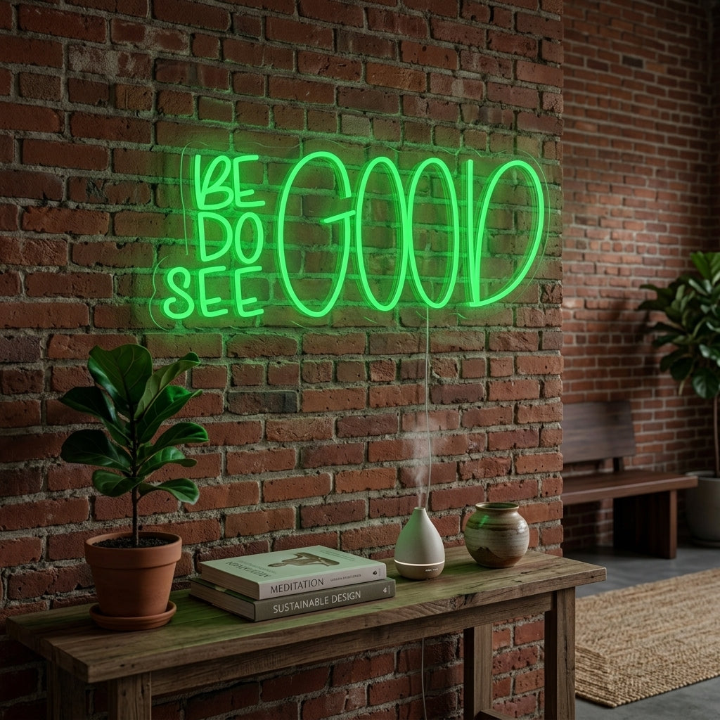 Lifestyle image showcasing the illuminated 'Be Good Do Good See Good' neon sign in a decorated home interior setting, emphasizing the mood and ambiance.