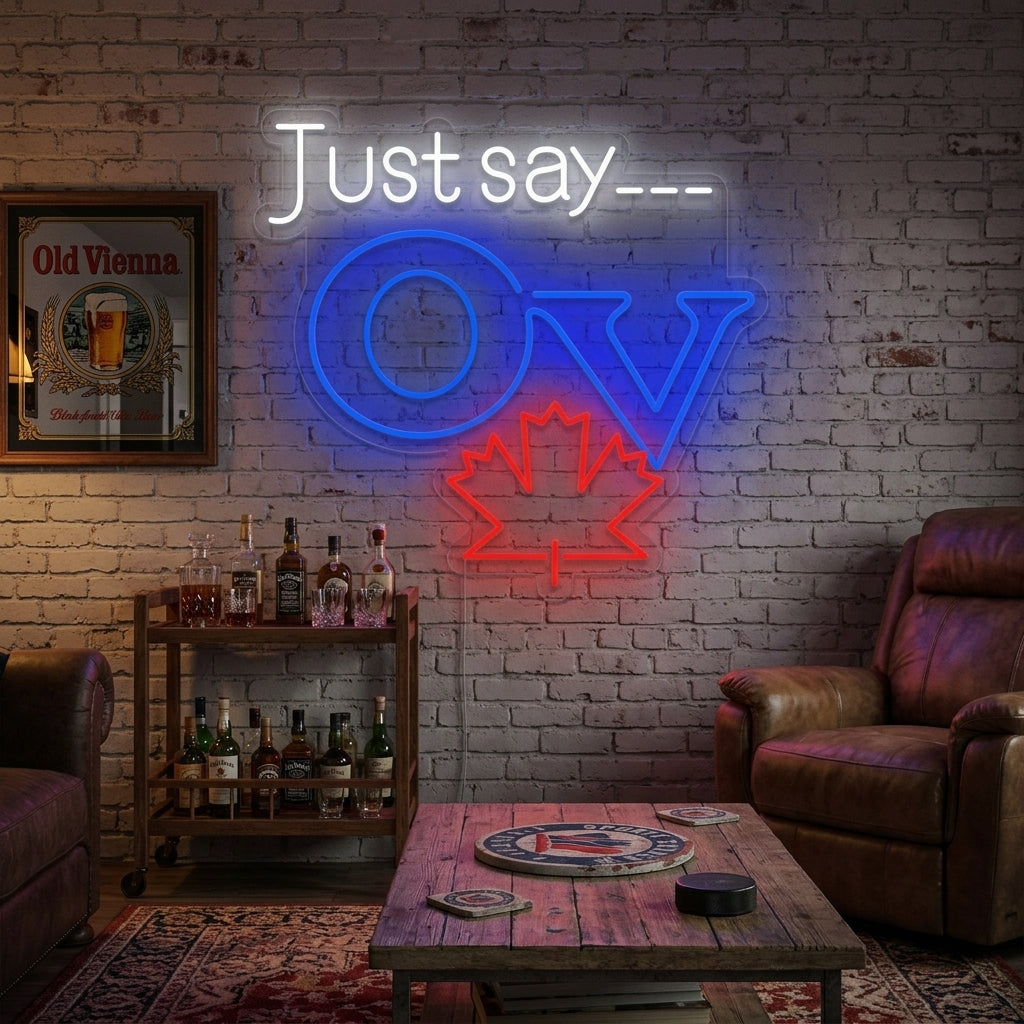 A glowing Old Vienna Beer Neon Sign displayed on a brick wall in a rustic bar setting, with bottles and glasses visible on a wooden counter below.