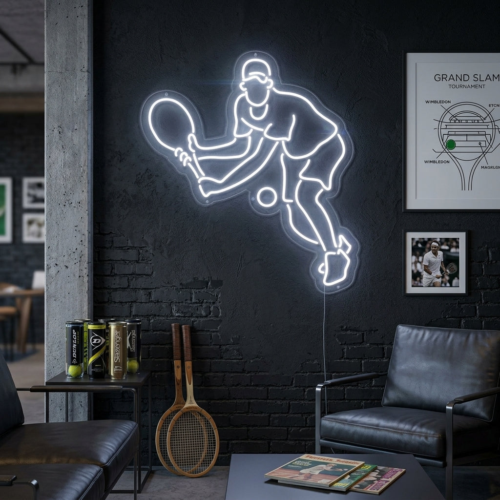 A bright, illuminated tennis player neon sign depicting a player in action, hanging on a brick wall in a rustic room.