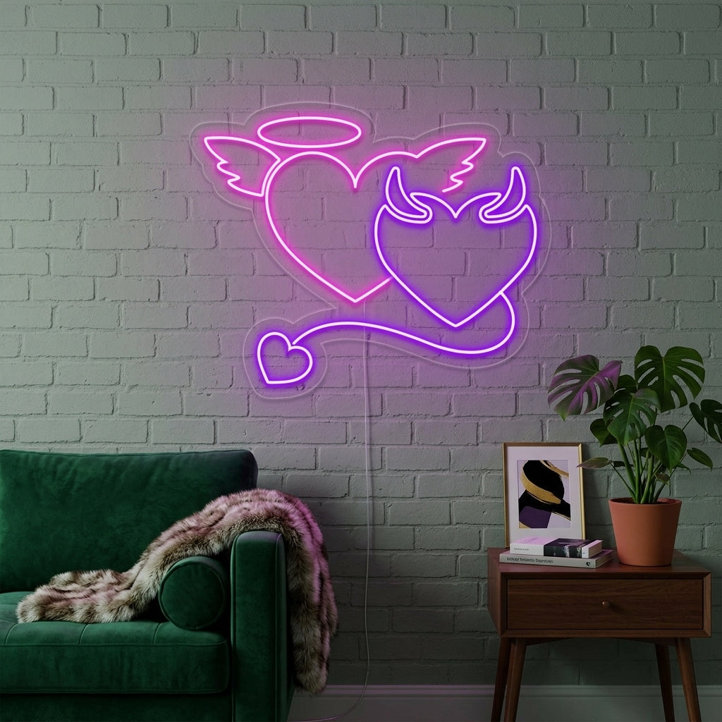 A bright red 'Devil Angel' glowing neon sign hanging on a dark textured bedroom wall above a comfortable queen bed with gray linens.