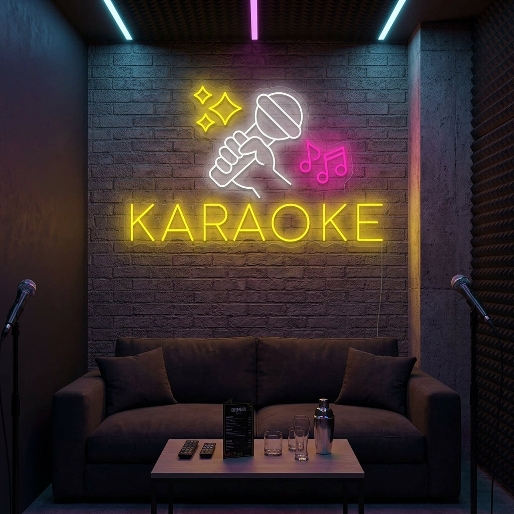 A vibrant 'Karaoke' neon sign with text and a microphone icon glowing in a dimly lit bar setting, creating a fun atmosphere.