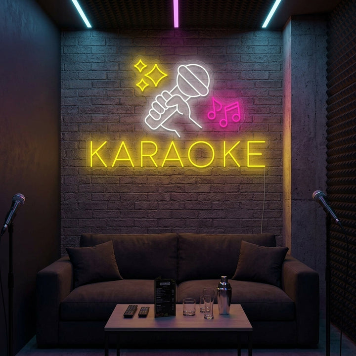 A vibrant 'Karaoke' neon sign with text and a microphone icon glowing in a dimly lit bar setting, creating a fun atmosphere.
