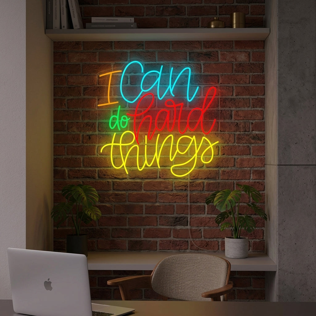 I Can Do Hard Things motivational neon sign illuminating a stylish room, mounted above a mid-century cabinet