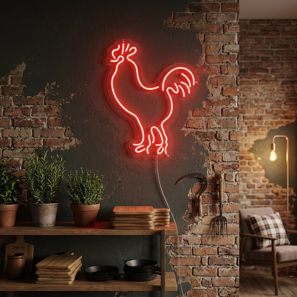 A vibrant 'Cock Chicken' neon sign, glowing red and white, displayed above a cozy wooden sideboard with decorative items in a home setting.