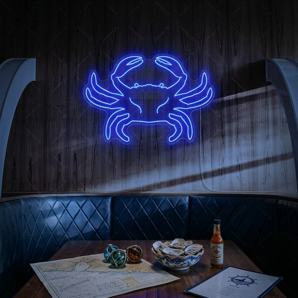 A close-up photograph showing the vibrant red Crab neon sign glowing brightly on a textured grey brick wall above a kitchen counter with fresh produce.