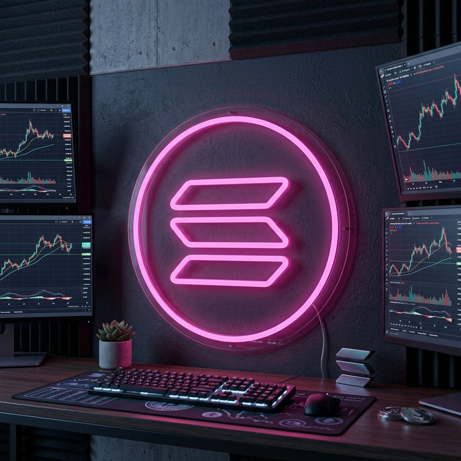 Solana SOL neon sign glowing brightly on a textured wall in a modern room setting.