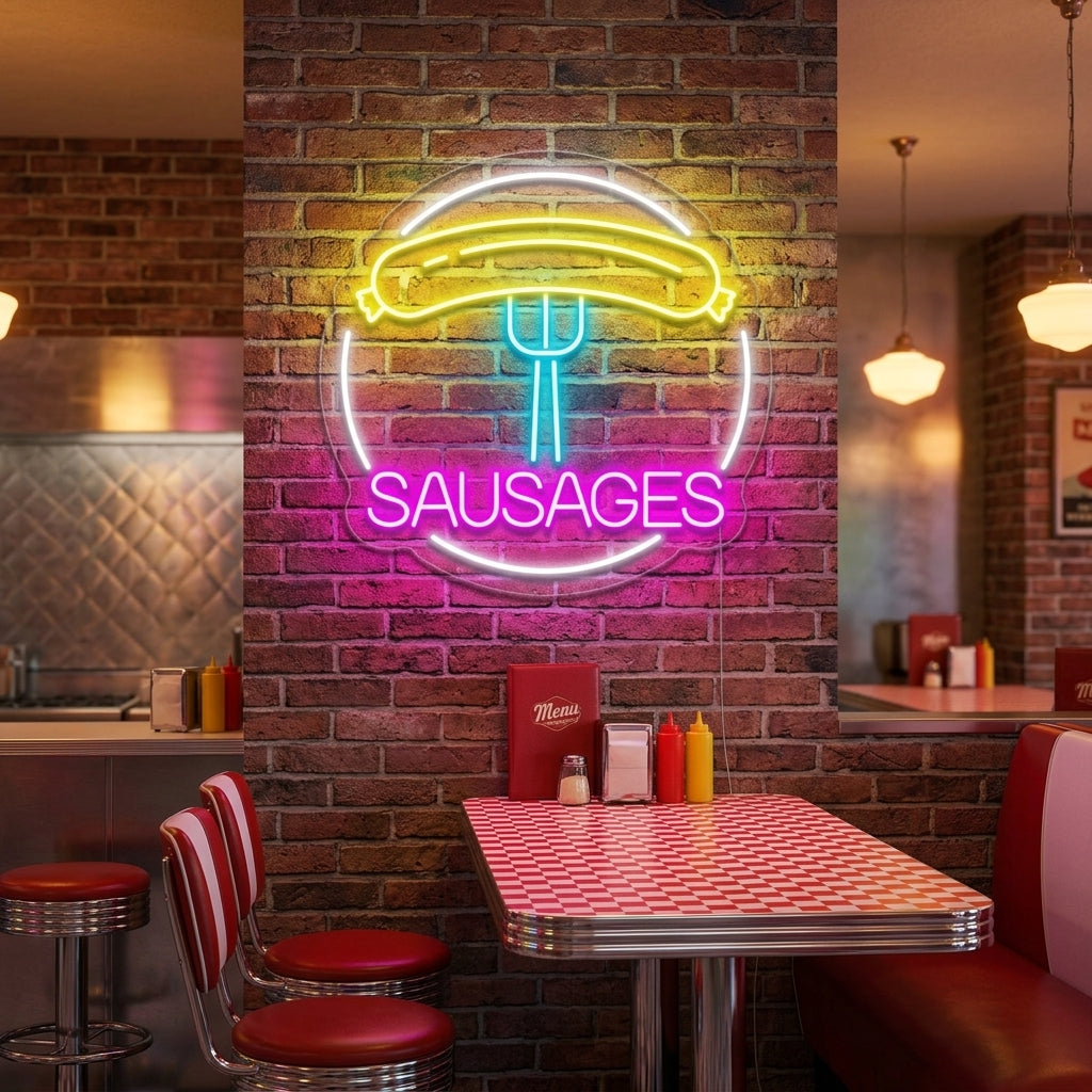 Handmade "Sausages with Circle" neon wall sign glowing with orange and white light, mounted on a textured brick wall in a cozy diner setting.