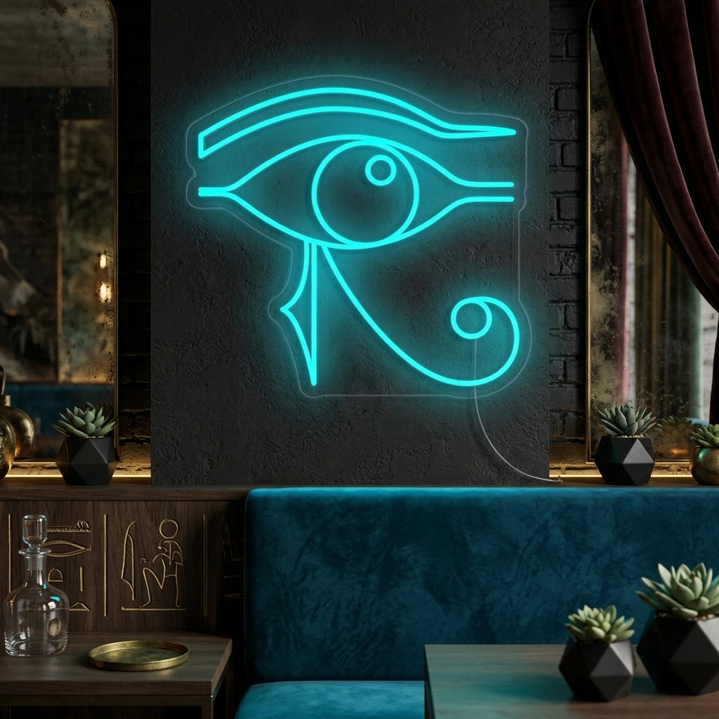 A glowing 'Egypt Eye of Horus' neon sign mounted on a textured wall, creating a mystical ambiance.