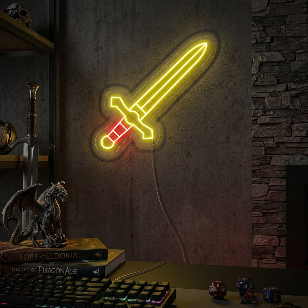 A vibrant neon sign depicting a detailed medieval sword, illuminated against a dark, textured brick wall in a modern lifestyle setting.