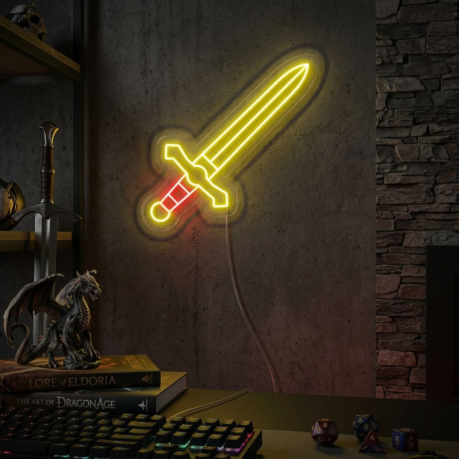 A vibrant neon sign depicting a detailed medieval sword, illuminated against a dark, textured brick wall in a modern lifestyle setting.