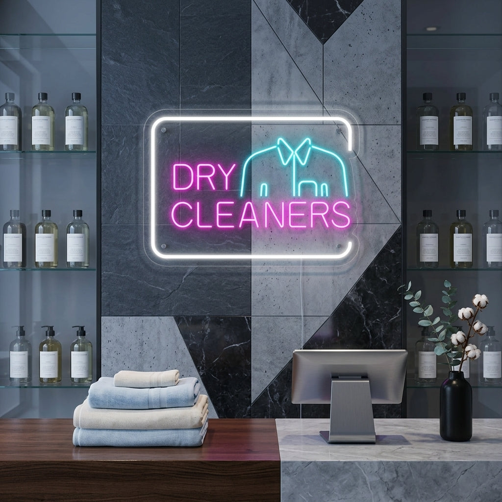 A vibrant 'Dry Cleaners' neon sign illuminating the wall above the counter in a modern shop lobby setting.