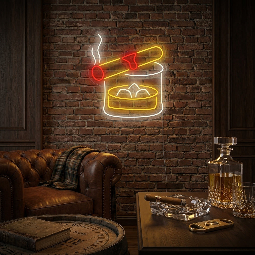 A lifestyle photo of the 'Whiskey Cigar' neon sign hanging above a well-stocked whiskey bar.