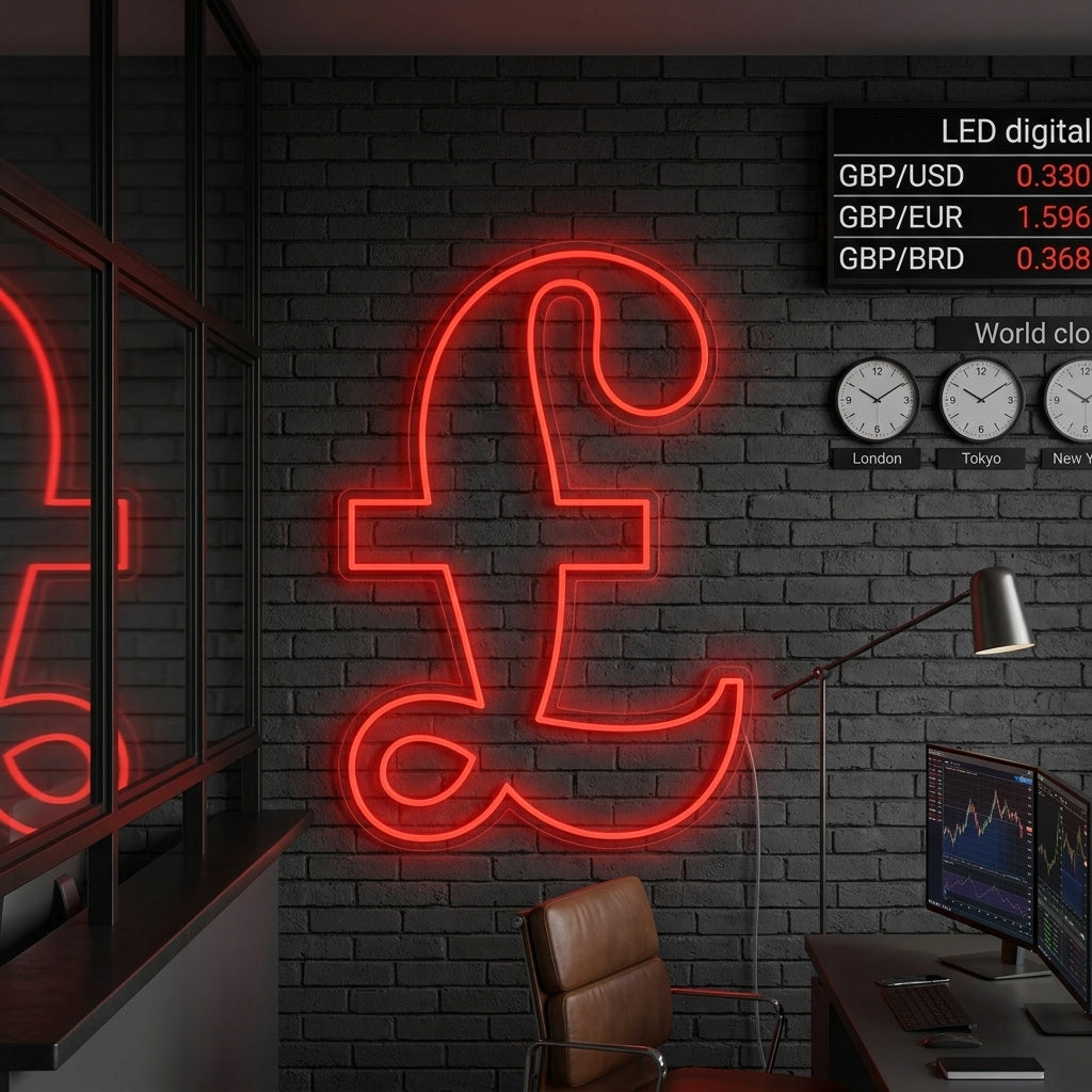 A glowing blue Pound Symbol neon sign displayed on a wall in a dimly lit, contemporary home office setup with trading monitors in the background.