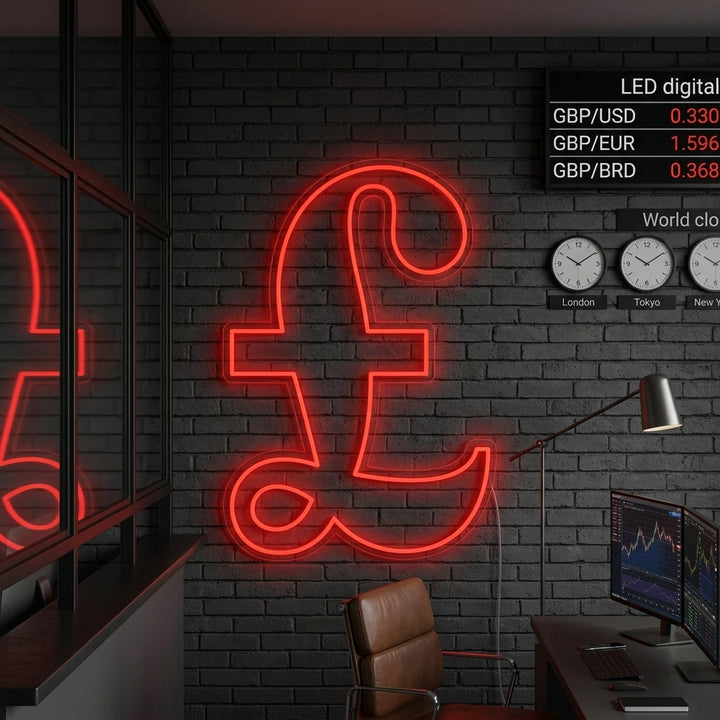 A glowing blue Pound Symbol neon sign displayed on a wall in a dimly lit, contemporary home office setup with trading monitors in the background.