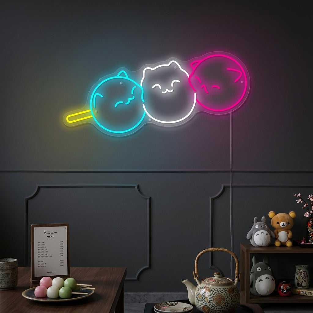 A cozy living room featuring the illuminated Kawaii Japanese Dango Cat neon sign hanging above a stylish chair, creating a cute aesthetic.