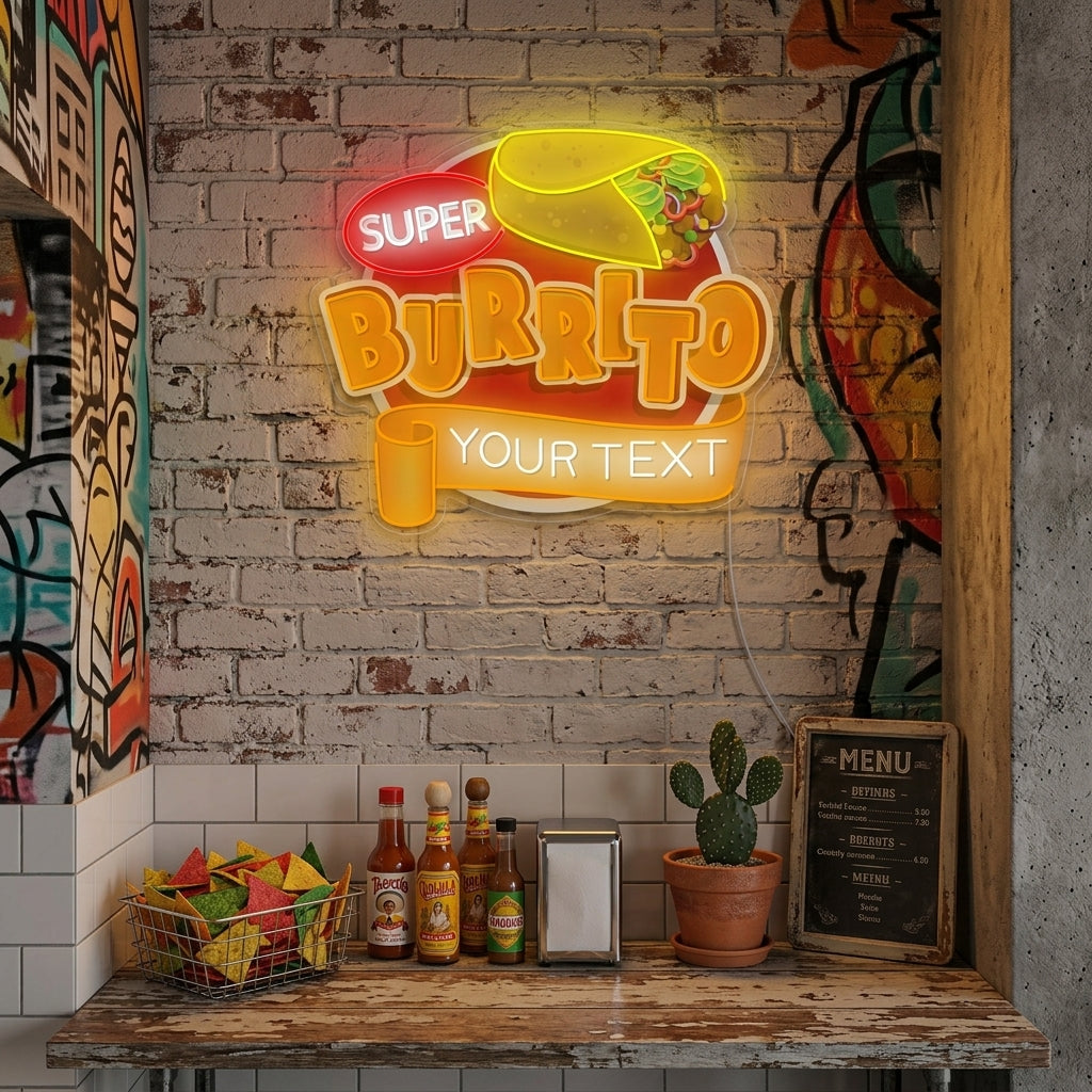 A glowing neon sign featuring a custom burrito logo with beans, rice, and salsa fillings, mounted on a brick wall inside a dimly lit Mexican restaurant.
