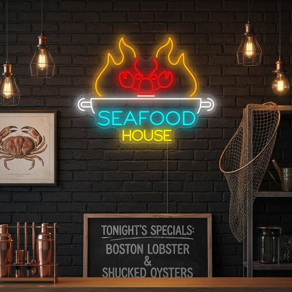 A vibrant 'Seafood House' neon sign glowing above a restaurant table set with food.