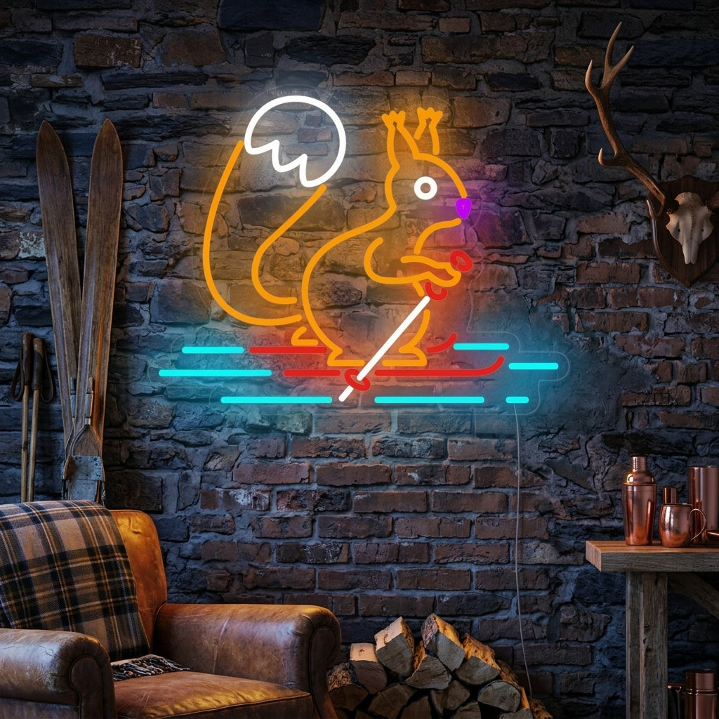 A cozy living room featuring a brightly lit 'Squirrel Skiing' neon sign mounted above a stylish sofa, creating a warm and playful atmosphere.