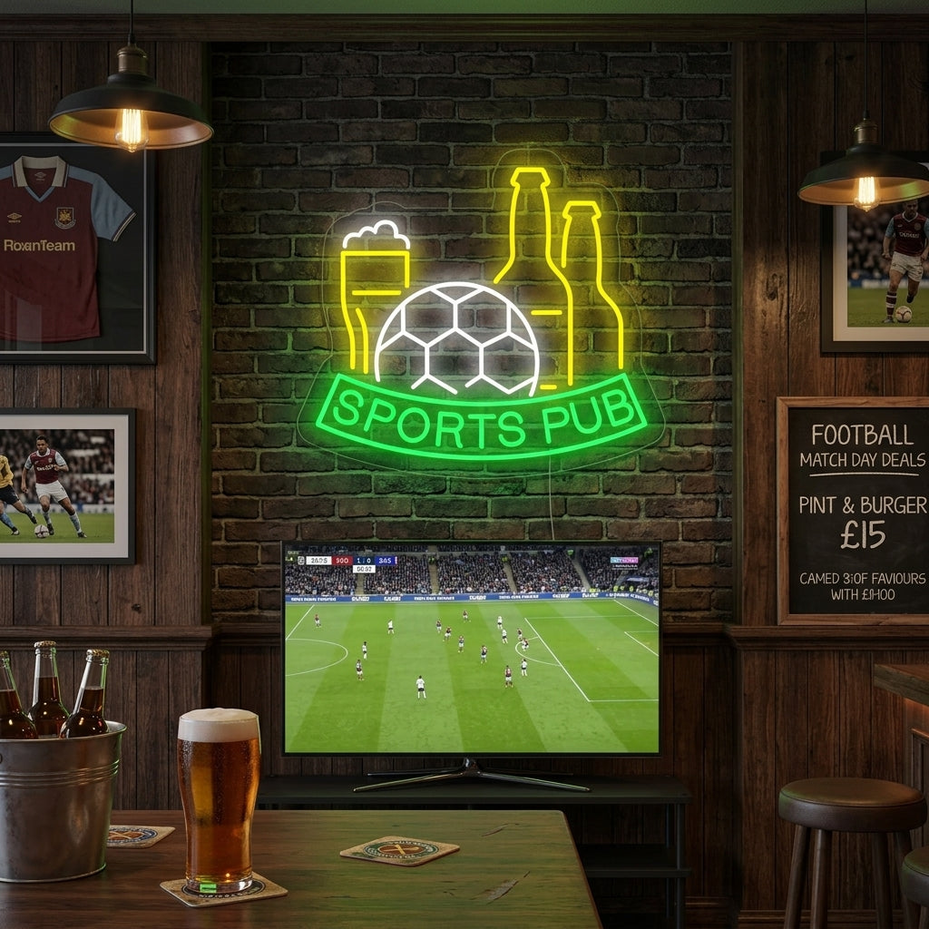 A Football Beer Sports Pub neon sign displaying a pint glass and a soccer ball, mounted on a brick wall in a lifestyle setting.