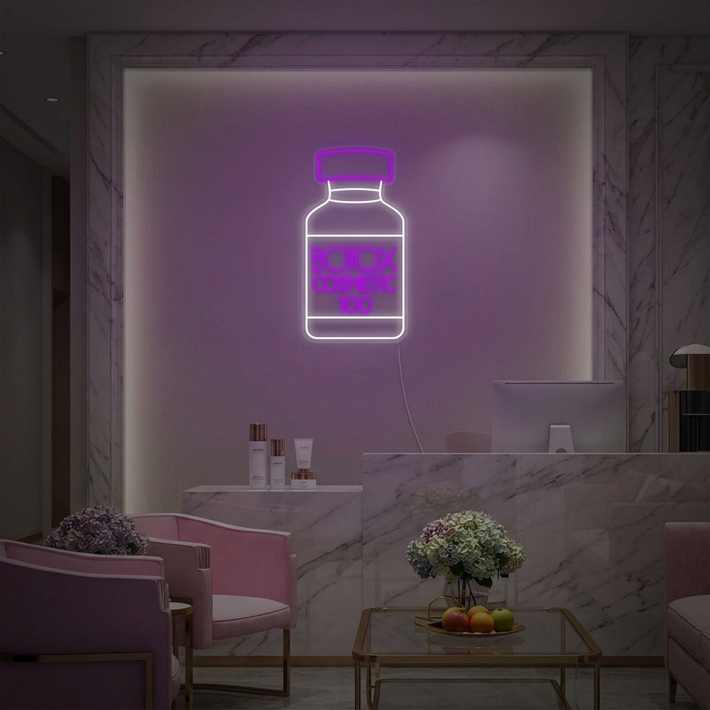 Professional 'Botox Cosmetic Shop Skin Care Center' neon sign displayed on a treatment room wall above skincare products, creating an inviting medical spa atmosphere.