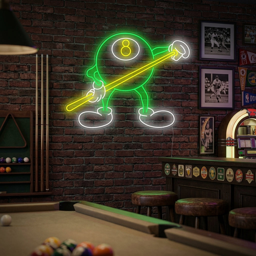 A glowing blue neon sign depicting a person aiming a pool cue at a billiard table, mounted on a dark brick wall above a real pool table.