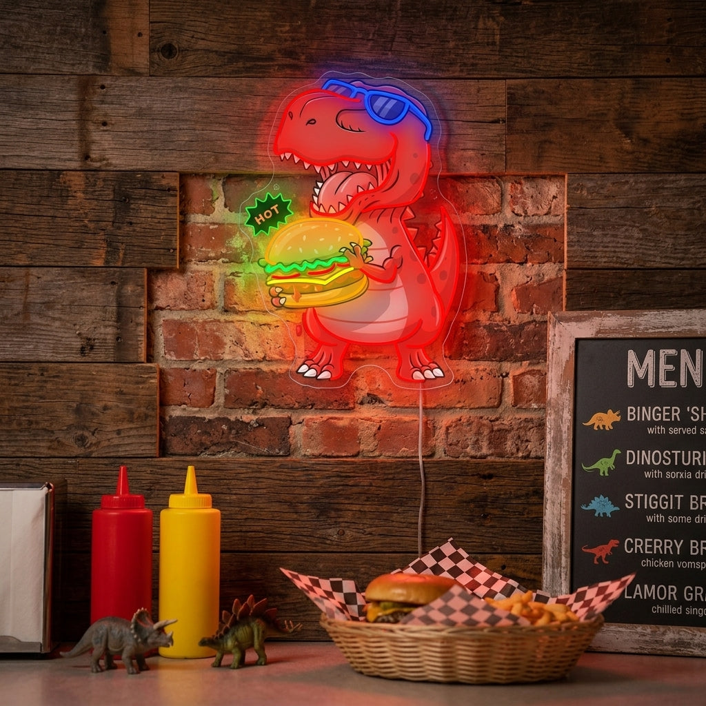 A vibrant 'Dinosaur Burger' neon sign depicting a cartoon dinosaur biting into a large burger, glowing on a dark wall above a wooden table.