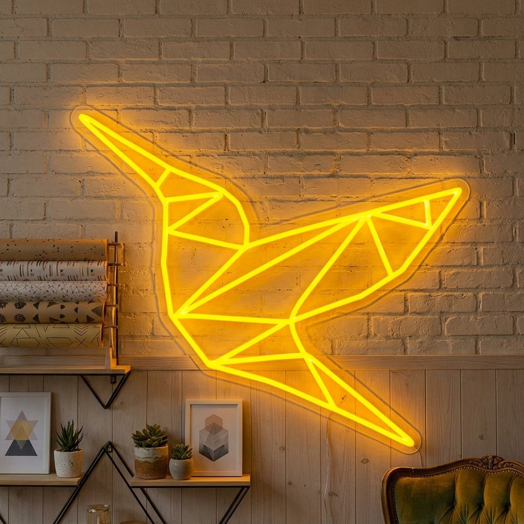 Paper Bird Neon Sign glowing against a textured wall in a modern living space.