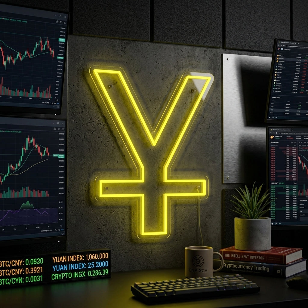 A "Chinese Yuan" neon sign, featuring the '¥' currency symbol, glows on a room wall, creating a warm, vibrant ambiance. It's a striking piece of neon wall decor.