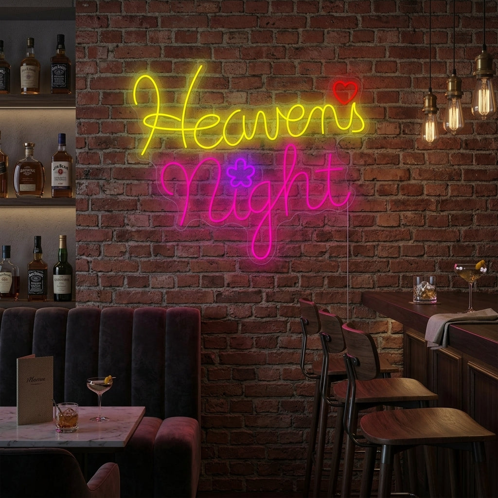 Heavens Night neon sign glowing pink in a dark room above furniture.