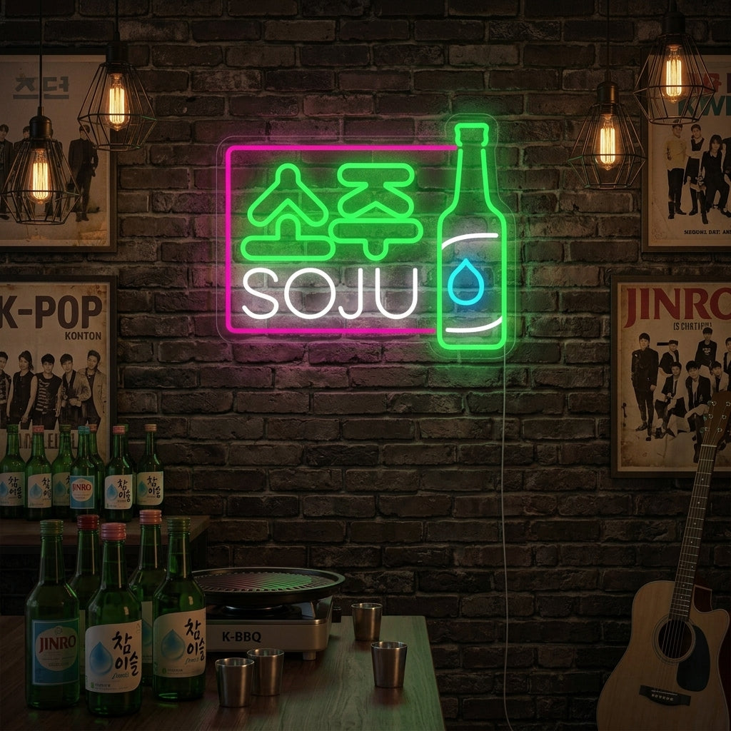 A 'Soju Korean Drink' neon sign glowing in a lively bar setting.