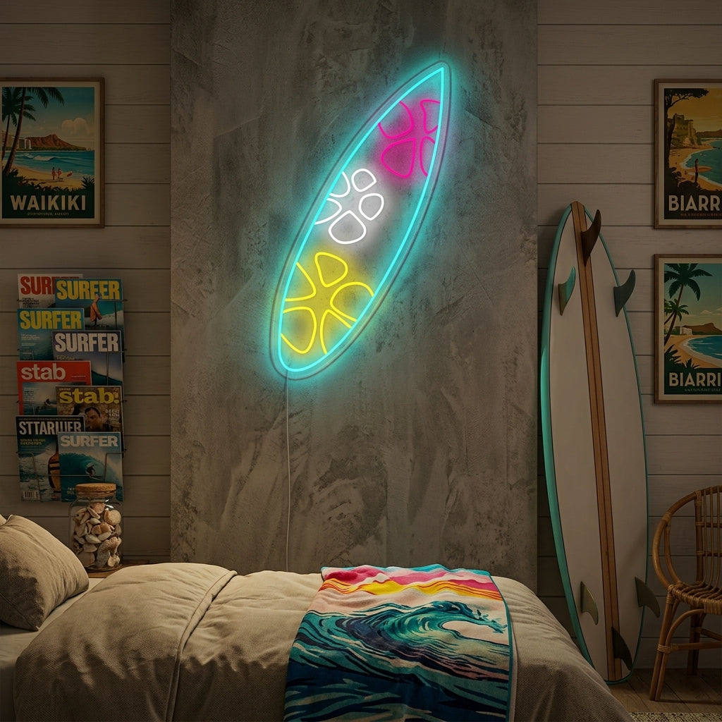A glowing blue surfboard-shaped neon sign mounted on a beachy wood paneled wall above a shelf with coastal decor.