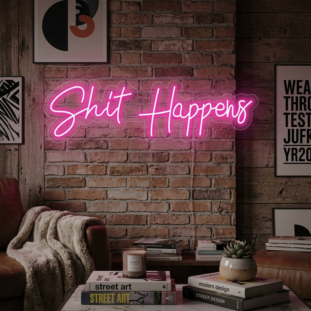 Handmade "Shit Happens" neon sign glowing brightly in a stylishly decorated room, creating a cool and inviting atmosphere.