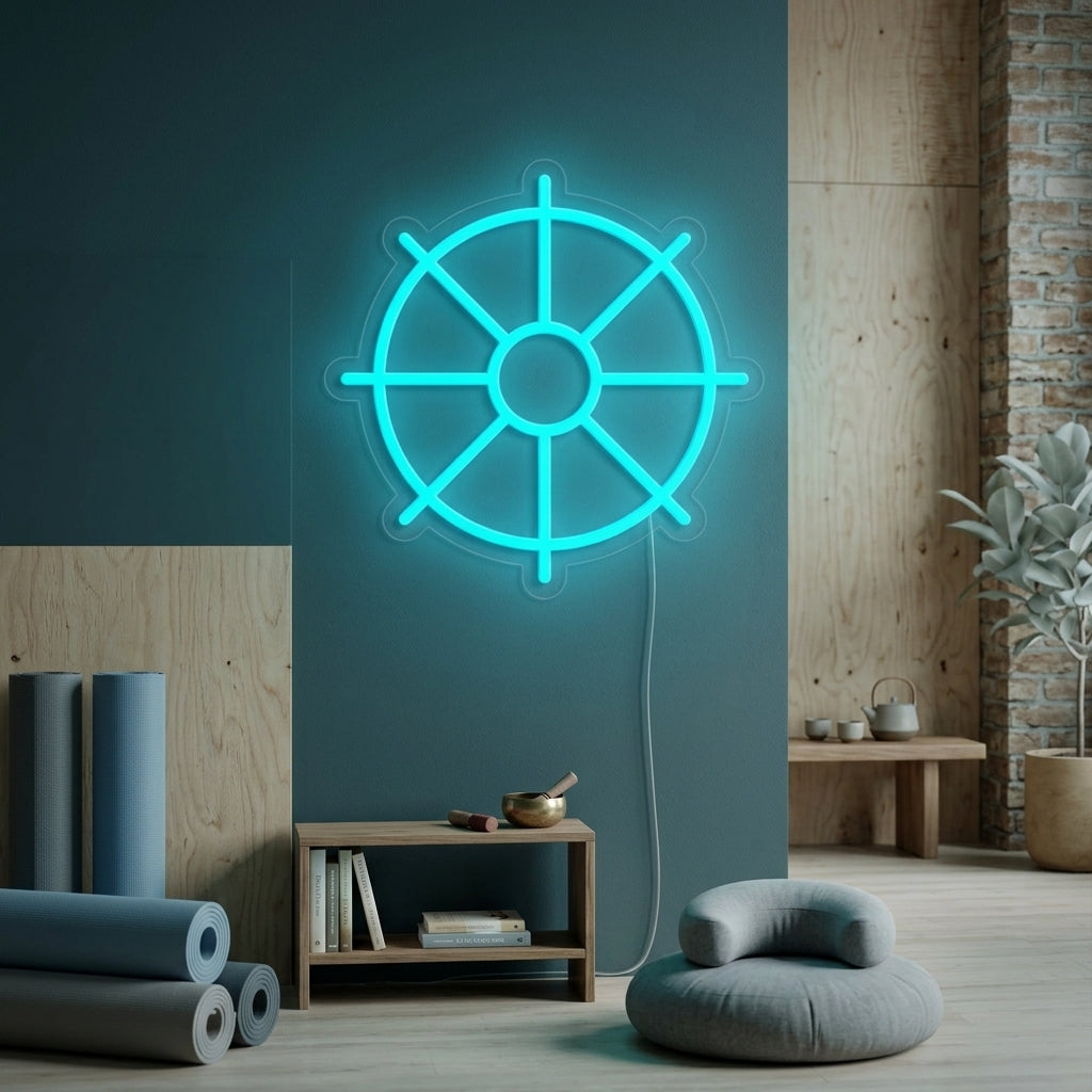 A glowing Dharma Wheel neon sign mounted on a textured brick wall within a serene meditation space.