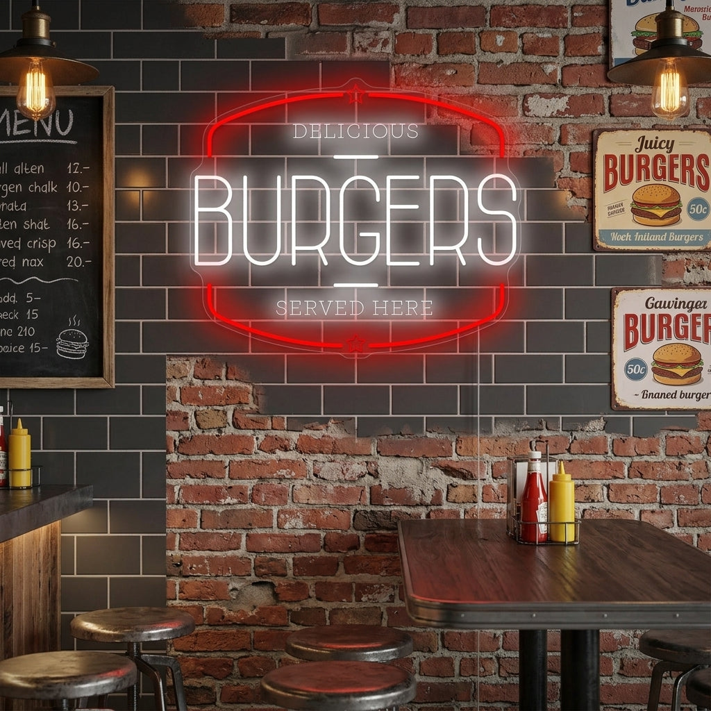 Burgers neon sign with a hamburger graphic, mounted on a rustic wood plank wall above a restaurant counter.