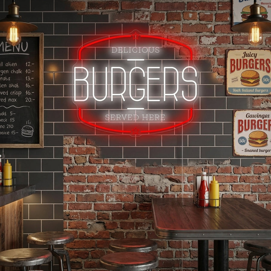 Burgers neon sign with a hamburger graphic, mounted on a rustic wood plank wall above a restaurant counter.