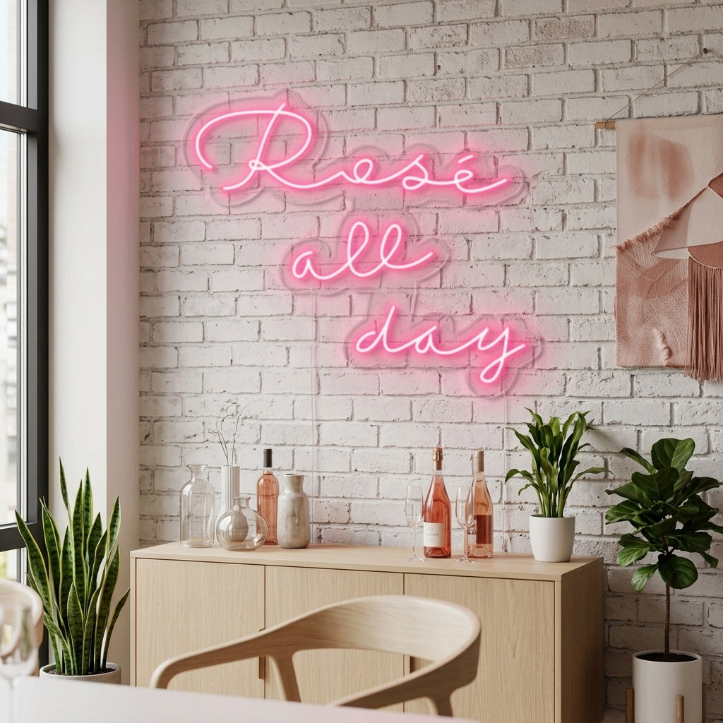 A glowing pink "Rose All Day" neon sign mounted on a white wall in a cozy home setting.