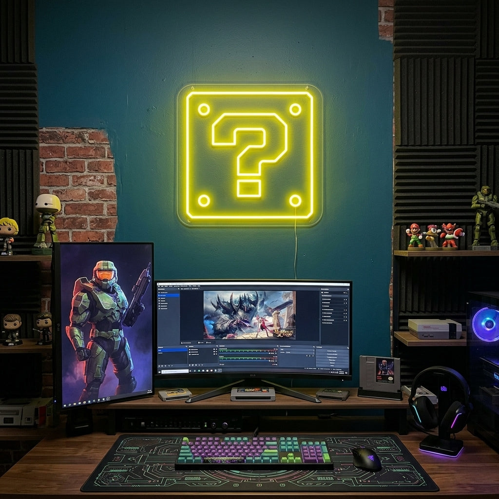 A glowing yellow question mark neon block sign mounted on a textured brick wall in a cozy, modern game room setup.