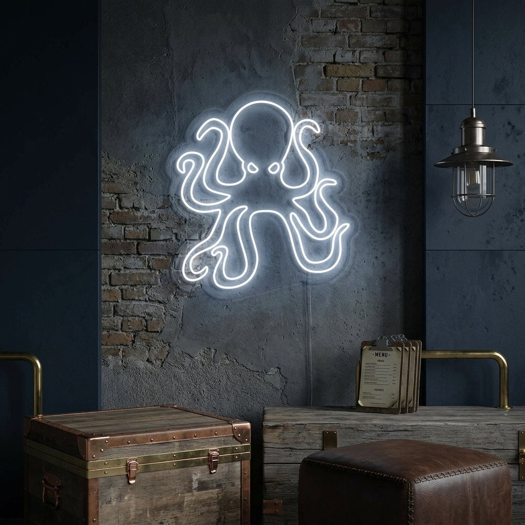 Octopus Restaurant Sea Animal neon sign featuring a stylized orange octopus wearing a chef's hat, holding cutlery, and the text 'RESTAURANT' below it, mounted on a wall in a restaurant setting.